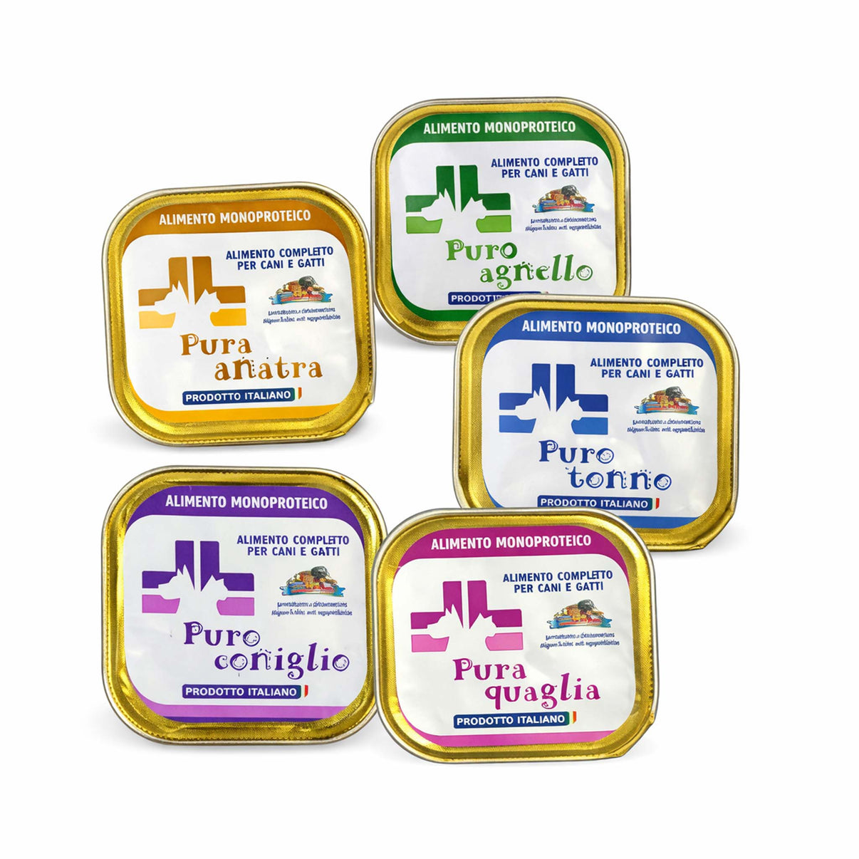 Immagine del MONOPROTEICI KIT ASSAGGIO con cinque diversi ingredienti per cani e gatti in vasetti.
