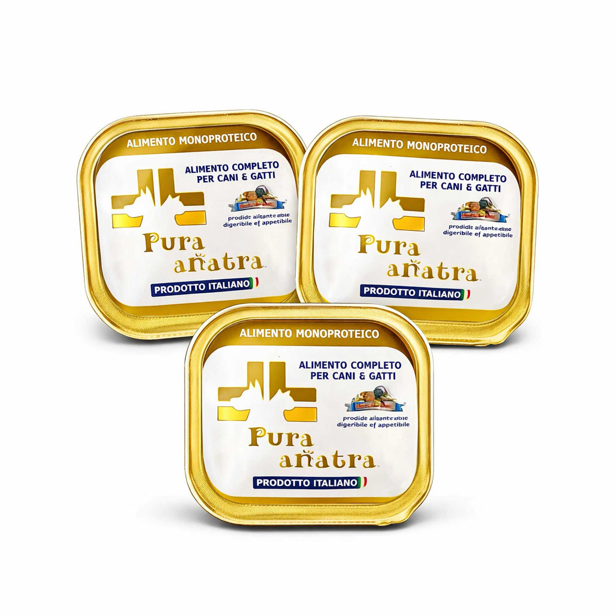 Confezioni di PURA ANATRA, alimento monoproteico completo per cani e gatti, prodotto italiano.