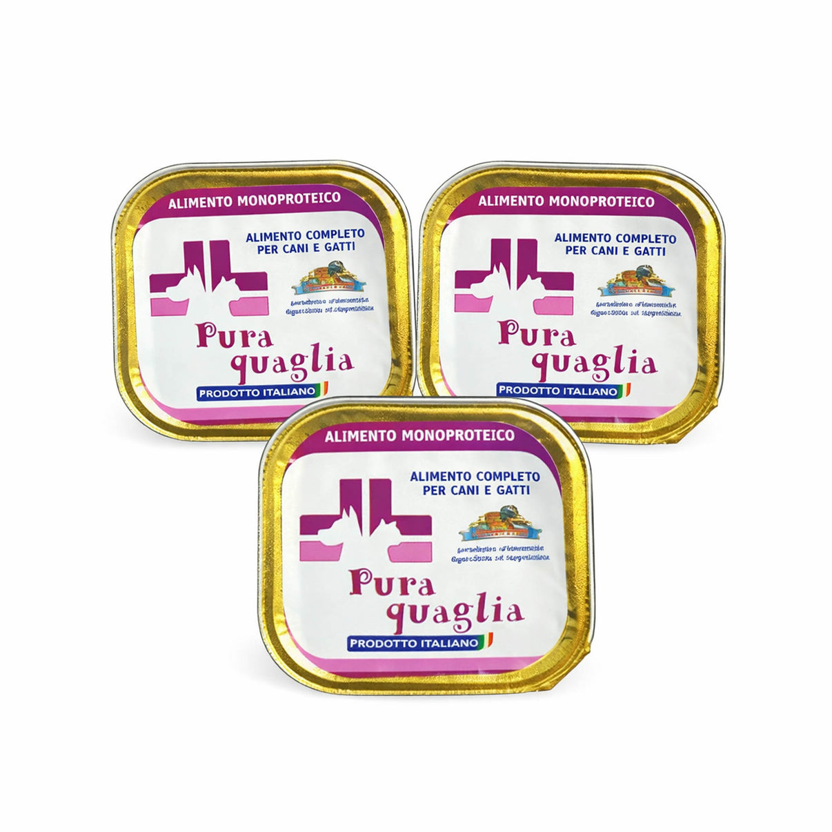 Tre confezioni di PURA QUAGLIA, alimento completo per cani e gatti, prodotto italiano.