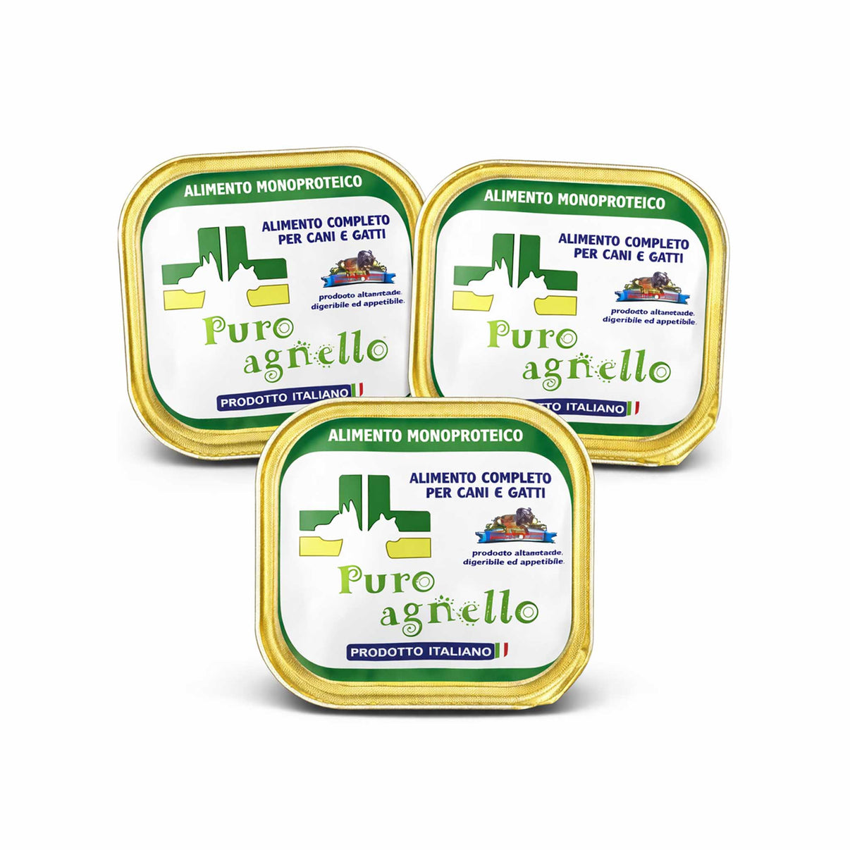 Confezioni di alimento Puro agnello per cani e gatti, monoproteico e completo, prodotto italiano.