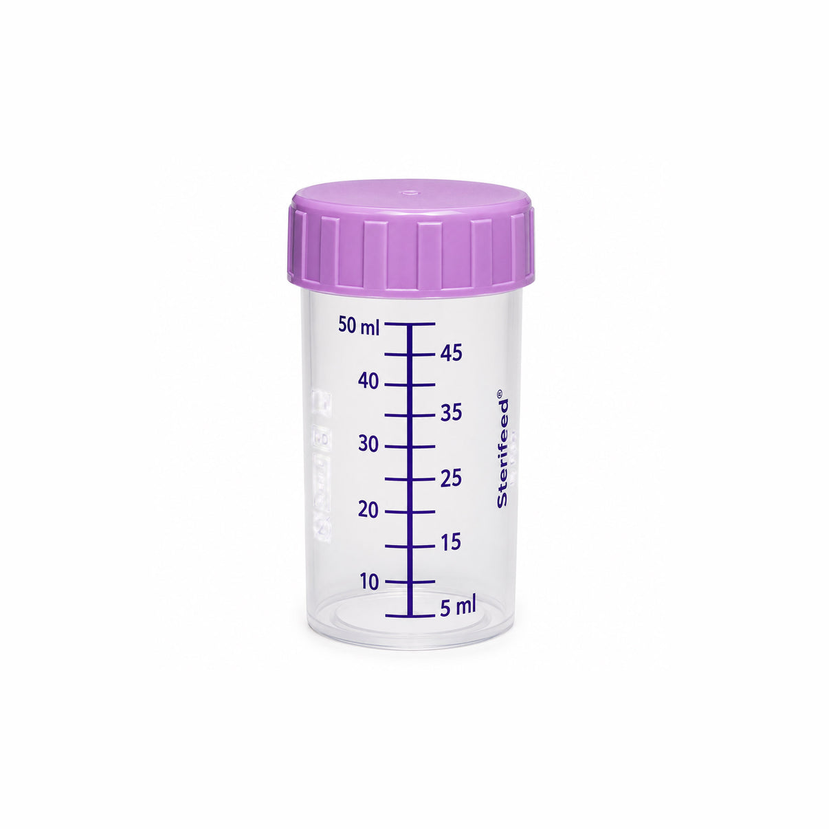 BARATTOLINI 50 ML PER LATTE - Contenitore trasparente con tappo viola e misurazione in ml.