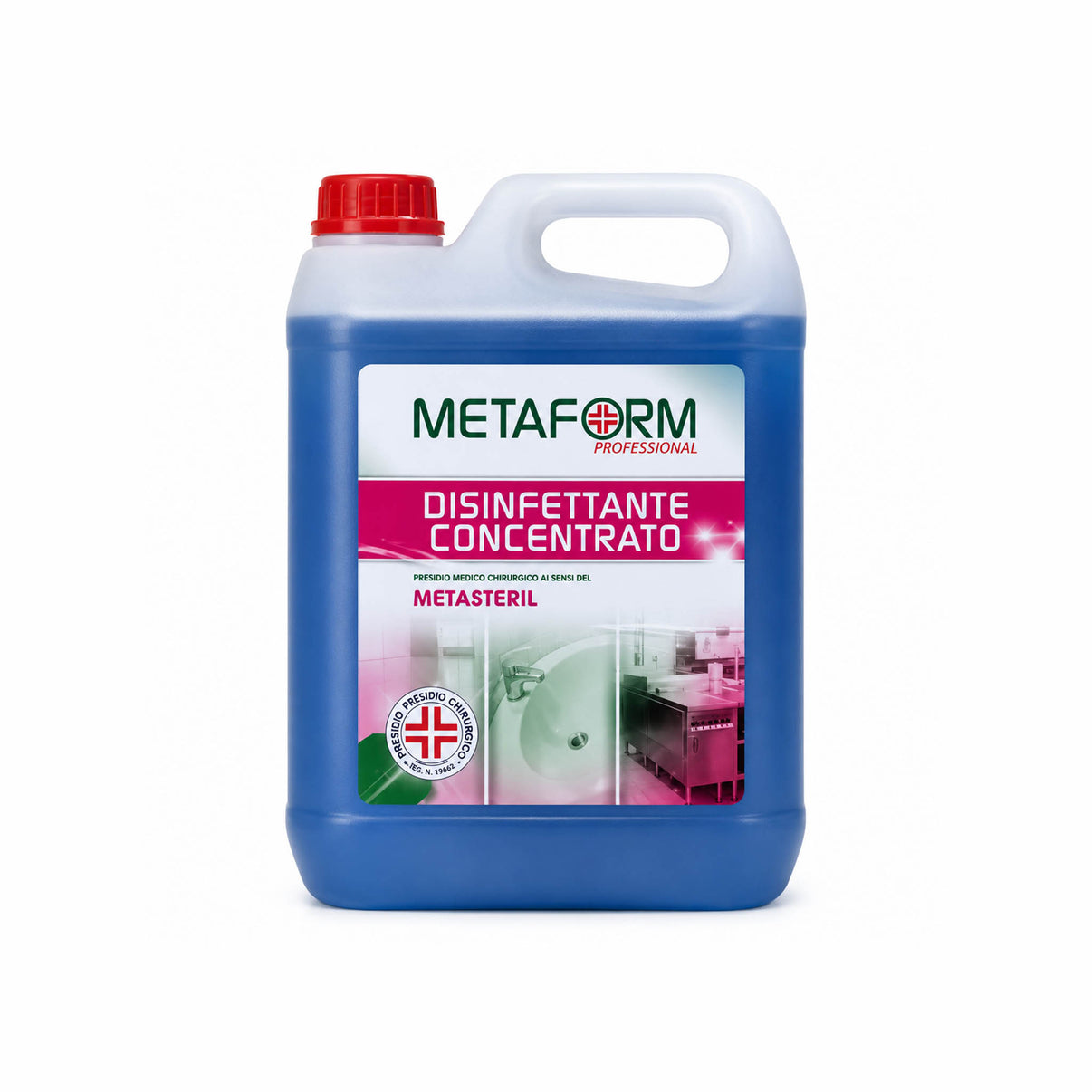METASTERIL 5 Lt disinfettante concentrato in flacone blu con pomello rosso, prodotto professionale.