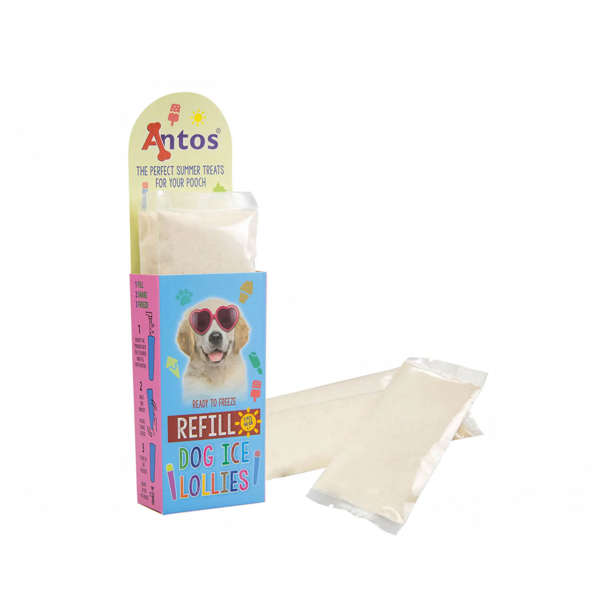 POLVERE GELATO PER GHIACCIOLI in confezione Antos, preparato per ghiaccioli per cani, facile da usare, pronto da congelare.