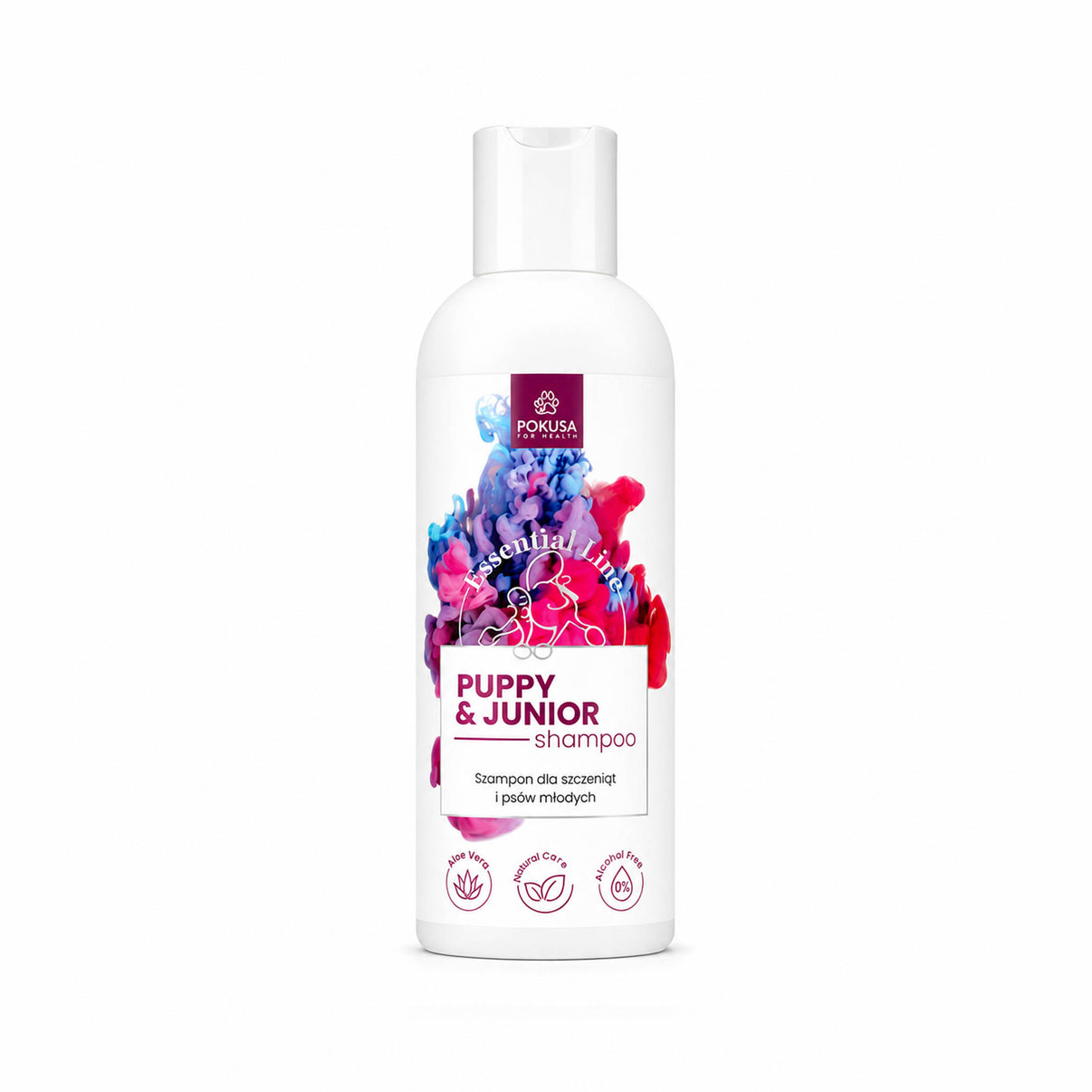 PUPPY & JUNIOR SHAMPOO bottle with colorful design for pet grooming.
