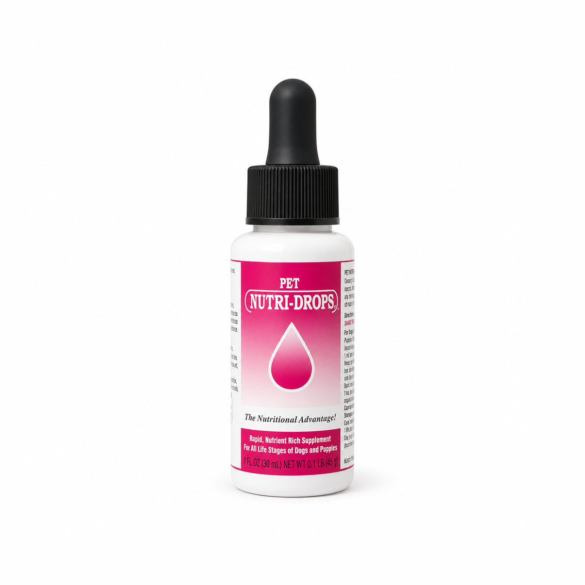 NUTRI-DROPS PET nutritional supplement for dogs and puppies in a dropper bottle.
