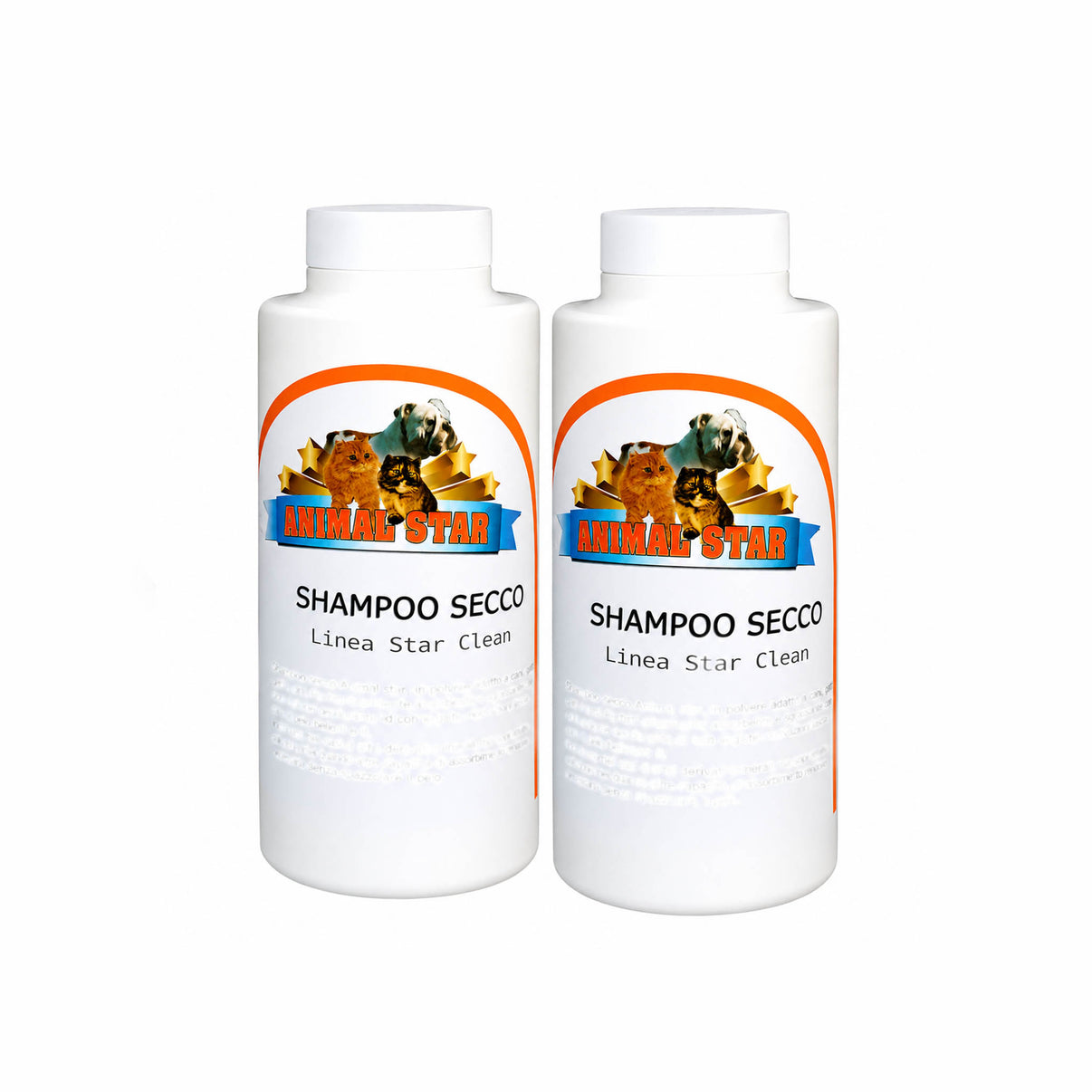 Immagine di due bottiglie di SHAMPOO A SECCO della linea Animal Star, ideali per la pulizia degli animali.
