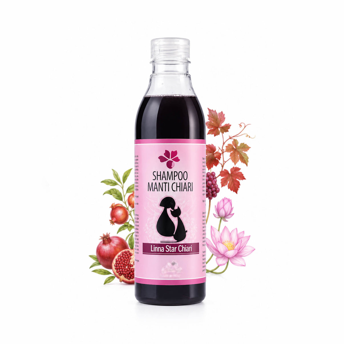 Bottle of SHAMPOO MANTI CHIARI for cats, featuring floral design and ingredients, suitable for white and blonde fur.