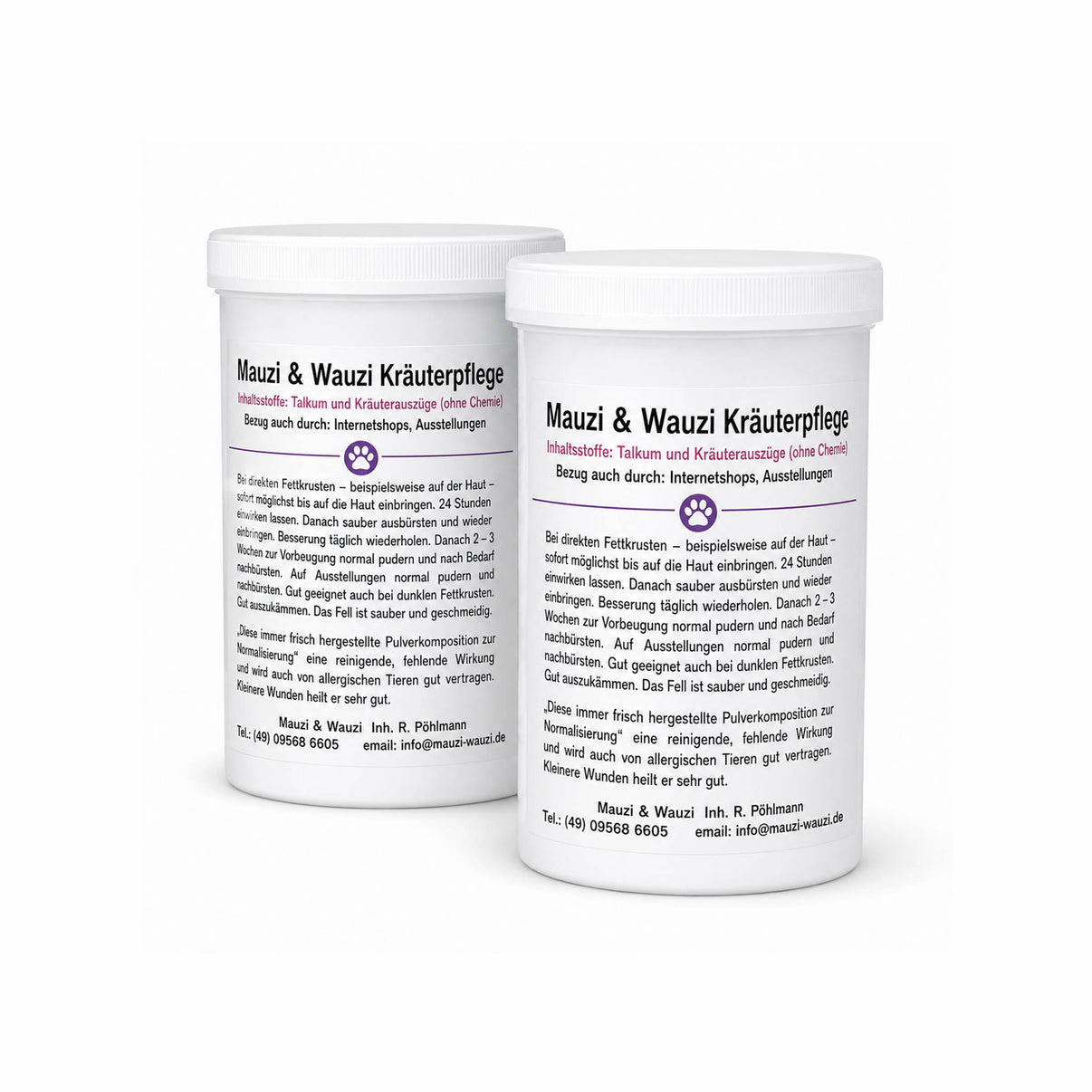 SHAMPOO SECCO ALLE ERBE in white containers on a white background, promoting herbal care for pets.