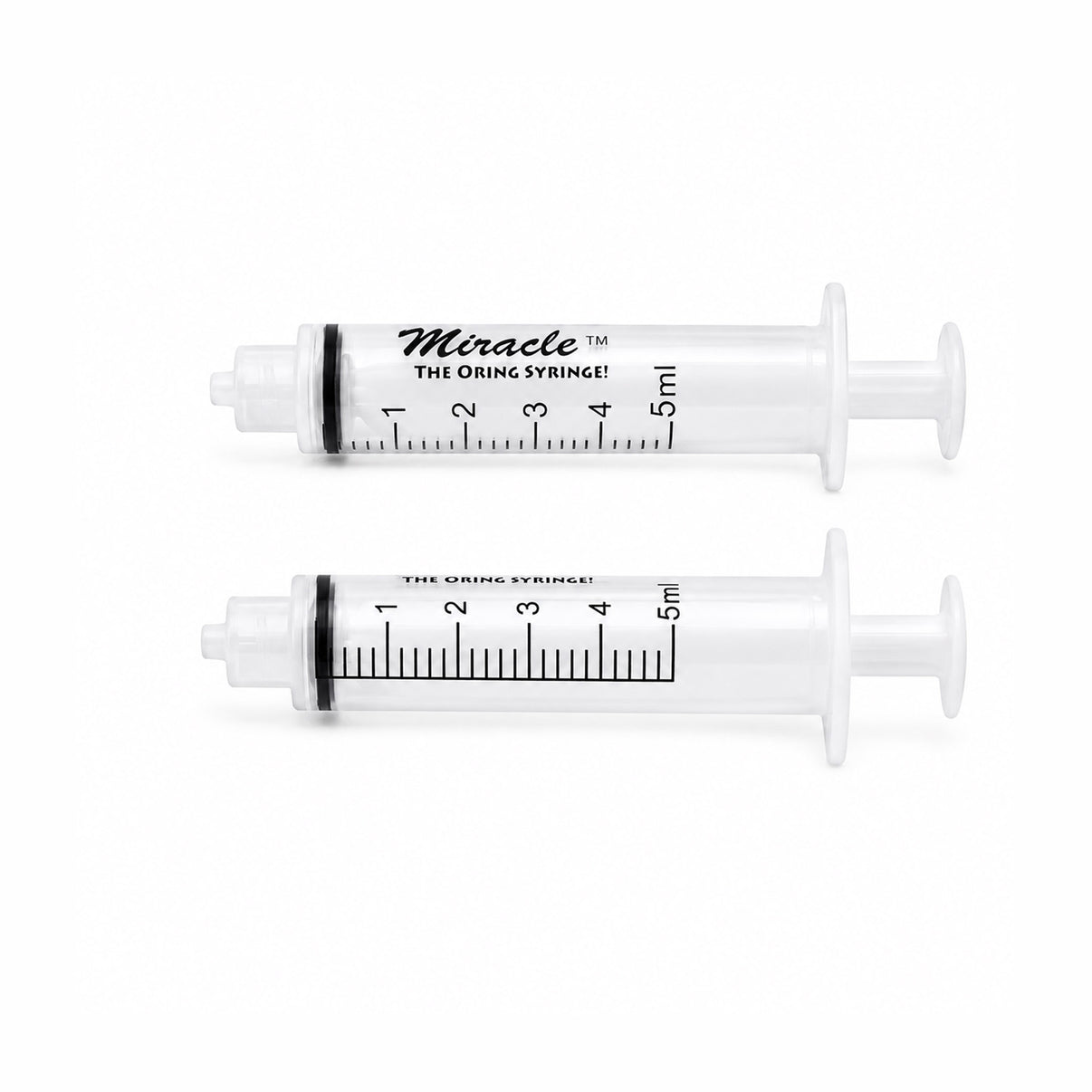 SIRINGA ORIGINALE MIRACLE NIPPLE ML 5, two transparent syringes labeled 5 ml with measurement markings.
