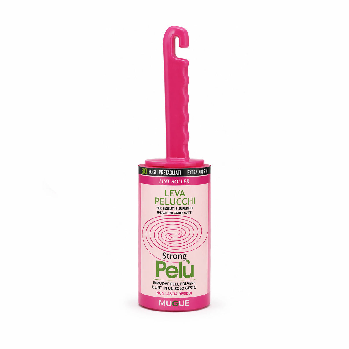 SPAZZOLA TOGLI PELO, lint roller with pink handle designed for effective lint removal from clothing and surfaces.