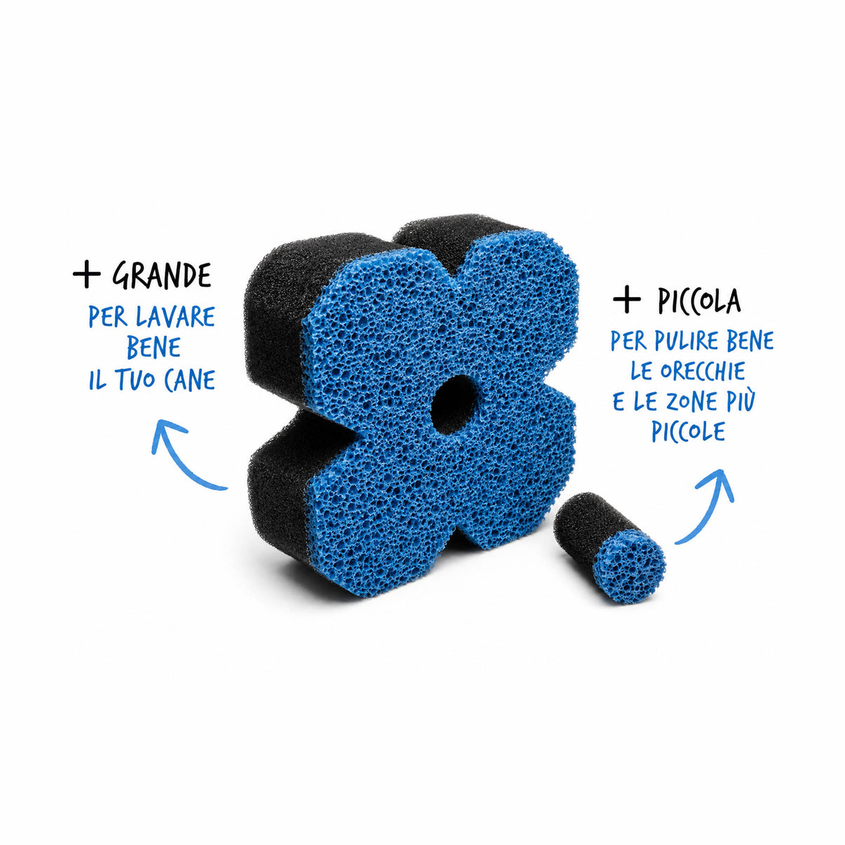 SPONGINA PET WASH, una gomma-spugna per lavare bene il tuo cane, disponibile in due dimensioni per diverse esigenze.