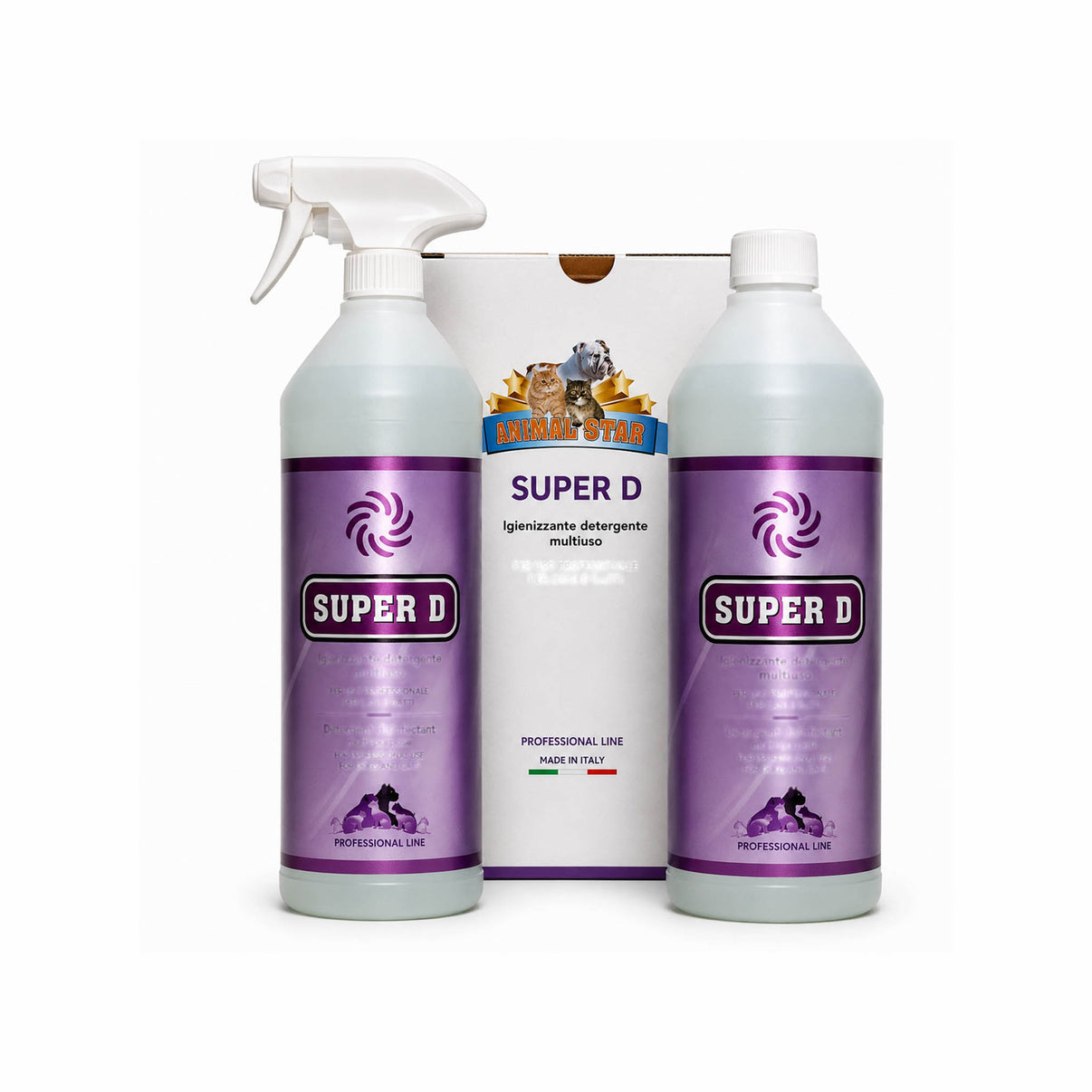SUPER D detergente sgrassante, sanitizzante e profumato in confezione da due flaconi, professional line.